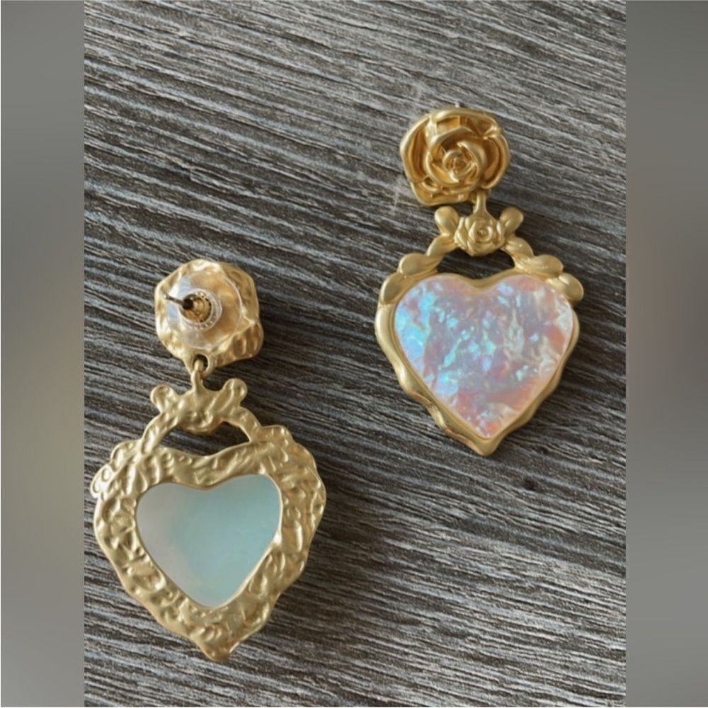 Anthropologie Gold Rose Heart Drop Earrings with Iridescent Inlay - Picture 5 of 5